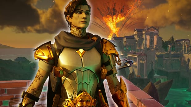 Midas looking on as a volcano erupts behind him